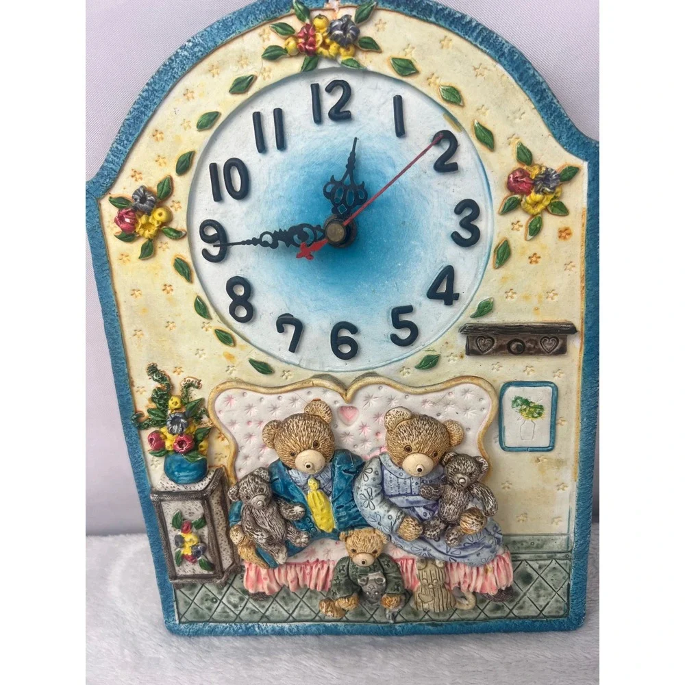 Vintage Teddy Bear‎ Family 3D Resin Wall Clock Nursery Decor Blue Cream 8x6